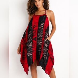 Kantha Bae Red Black Abstract Art Print Kaftan Dress One Size Boho Oversized